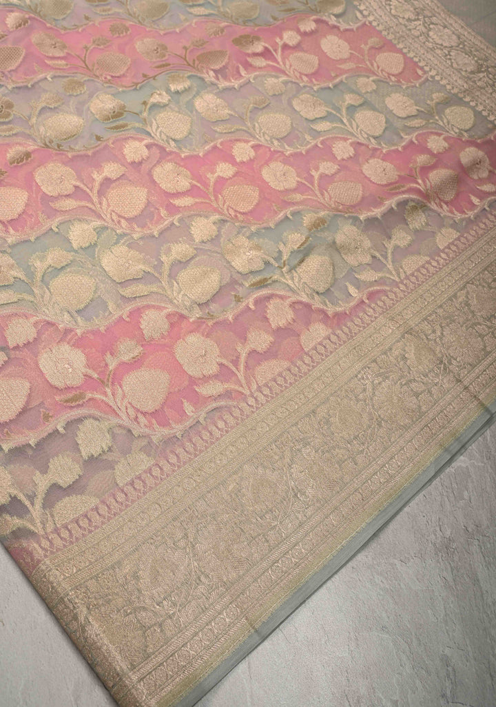 Dusty Rose-Sage Green Leheria Pattern on Banarasi Semi Kora Saree with Floral Jaal and Zari Border