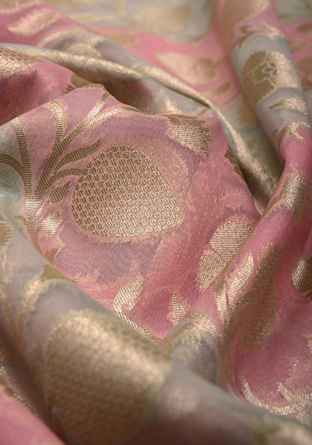 Dusty Rose-Sage Green Leheria Pattern on Banarasi Semi Kora Saree with Floral Jaal and Zari Border