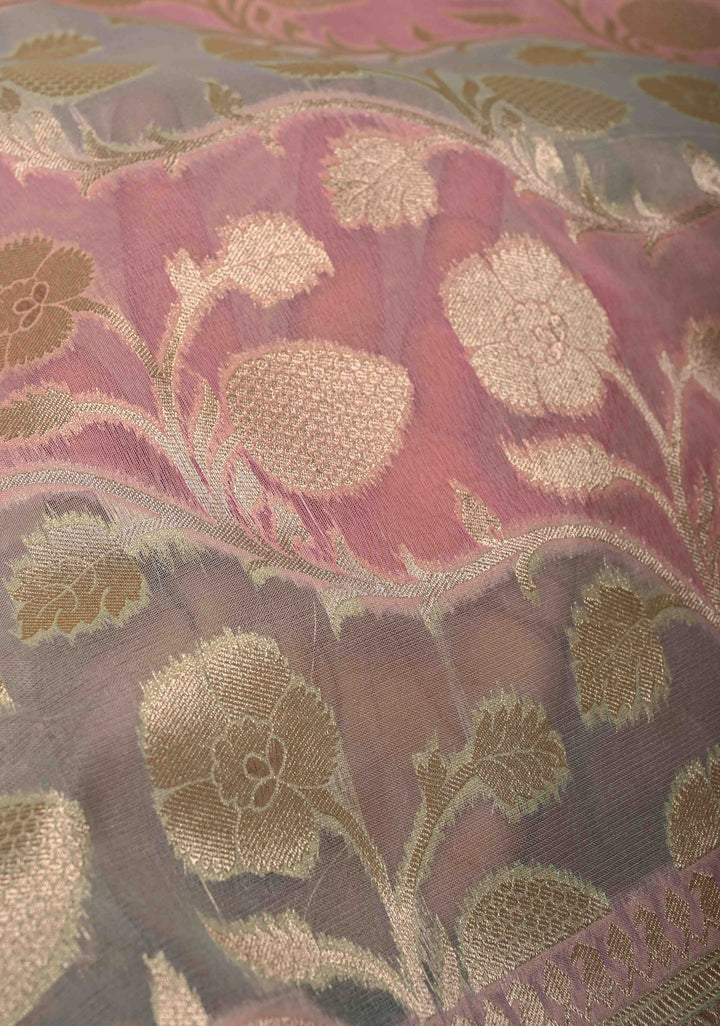 Dusty Rose-Sage Green Leheria Pattern on Banarasi Semi Kora Saree with Floral Jaal and Zari Border