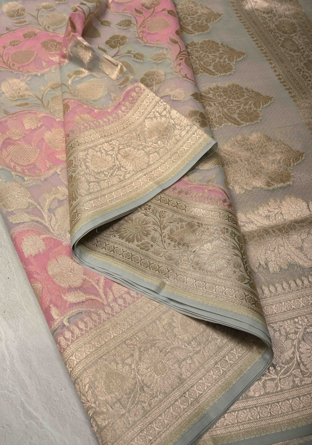 Dusty Rose-Sage Green Leheria Pattern on Banarasi Semi Kora Saree with Floral Jaal and Zari Border