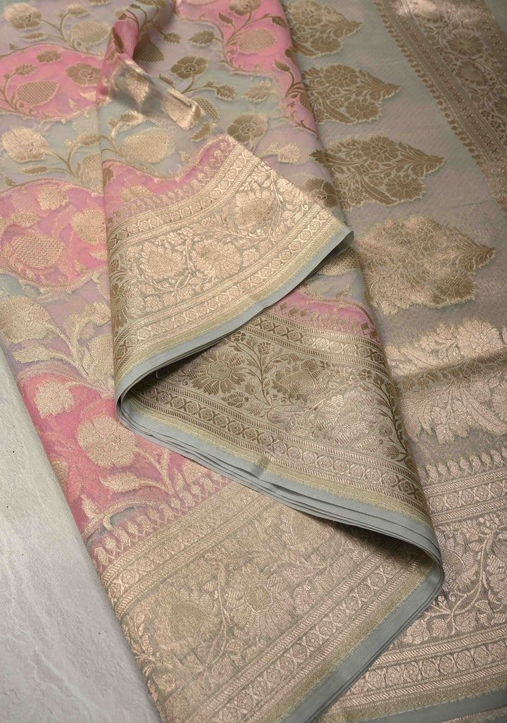 Dusty Rose-Sage Green Leheria Pattern on Banarasi Semi Kora Saree with Floral Jaal and Zari Border