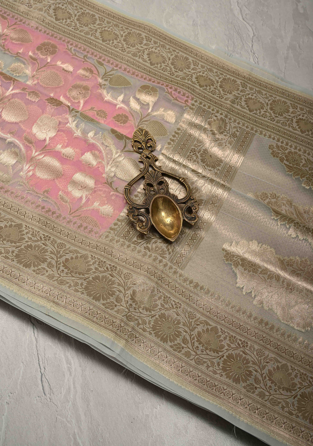 Dusty Rose-Sage Green Leheria Pattern on Banarasi Semi Kora Saree with Floral Jaal and Zari Border