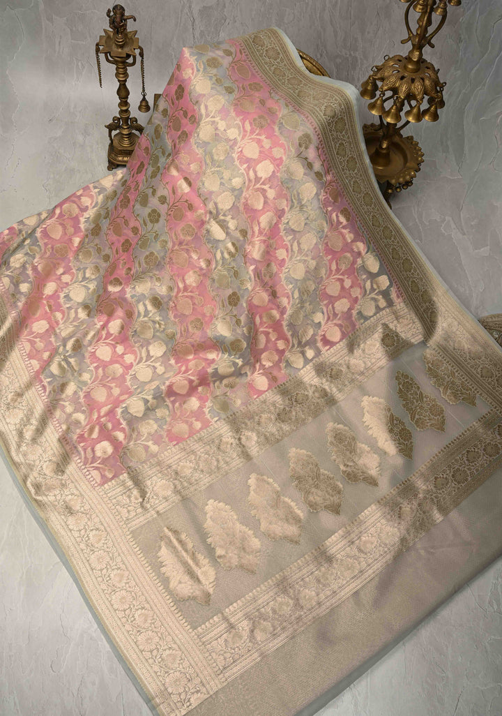 Dusty Rose-Sage Green Leheria Pattern on Banarasi Semi Kora Saree with Floral Jaal and Zari Border
