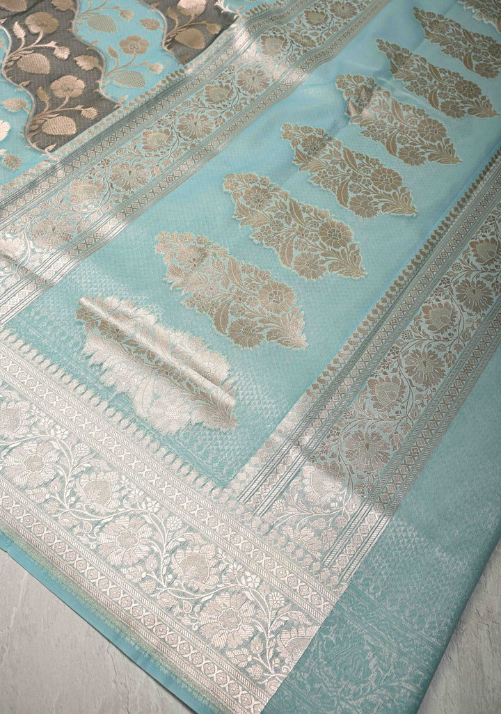 Cyan-Gray Leheria Pattern on Banarasi Semi Kora Saree with Floral Jaal and Zari Border