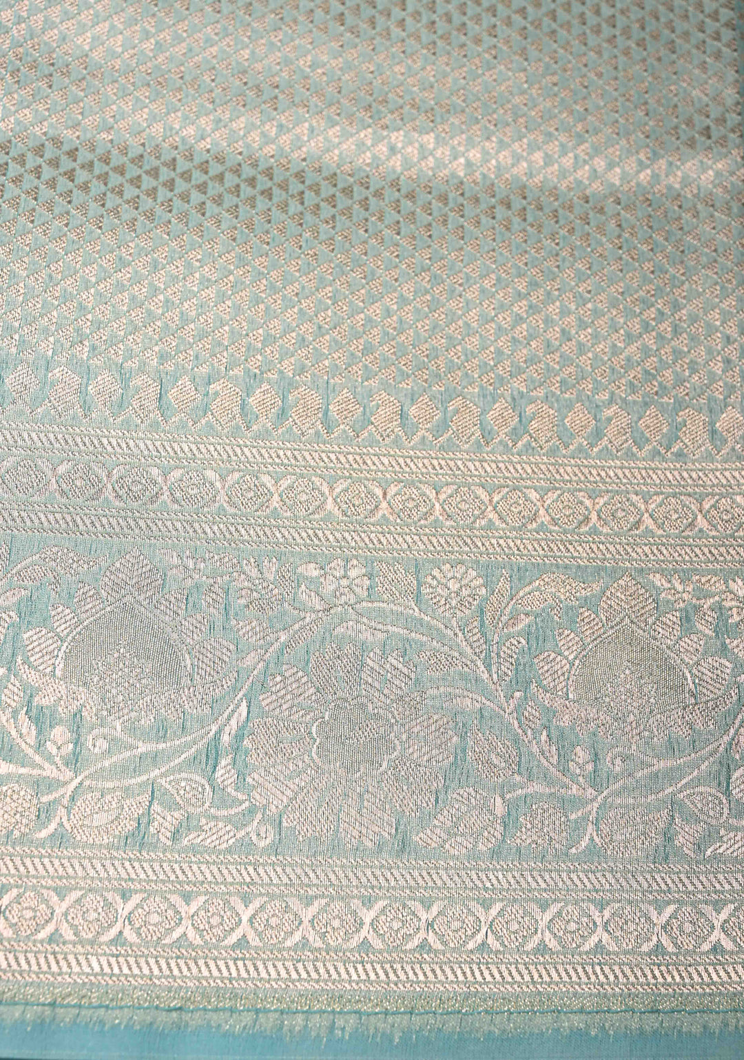 Cyan-Gray Leheria Pattern on Banarasi Semi Kora Saree with Floral Jaal and Zari Border