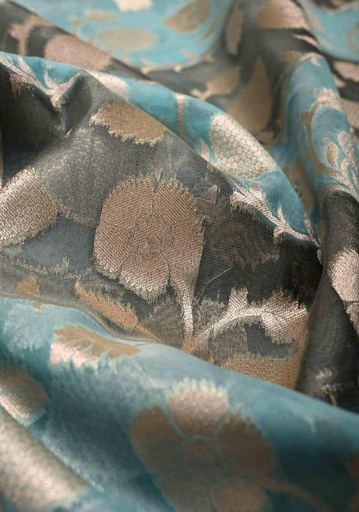 Cyan-Gray Leheria Pattern on Banarasi Semi Kora Saree with Floral Jaal and Zari Border