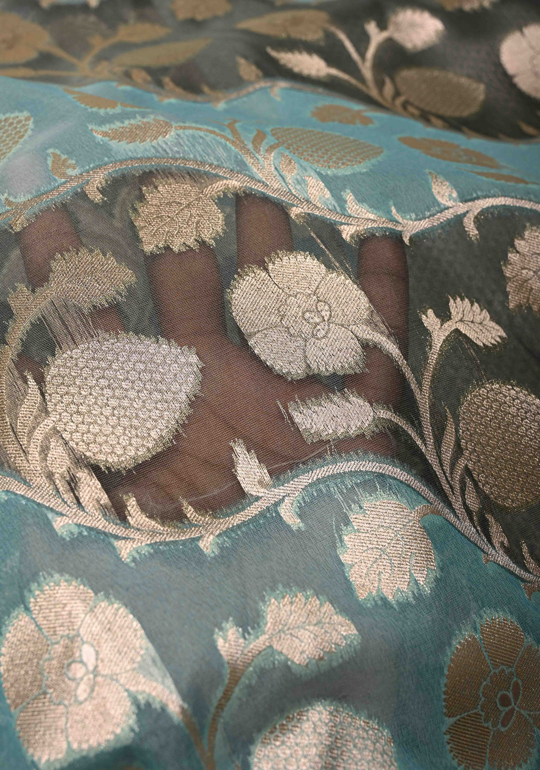 Cyan-Gray Leheria Pattern on Banarasi Semi Kora Saree with Floral Jaal and Zari Border