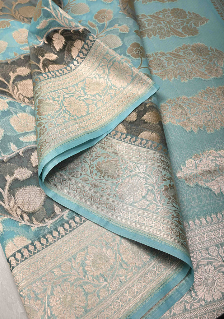 Cyan-Gray Leheria Pattern on Banarasi Semi Kora Saree with Floral Jaal and Zari Border