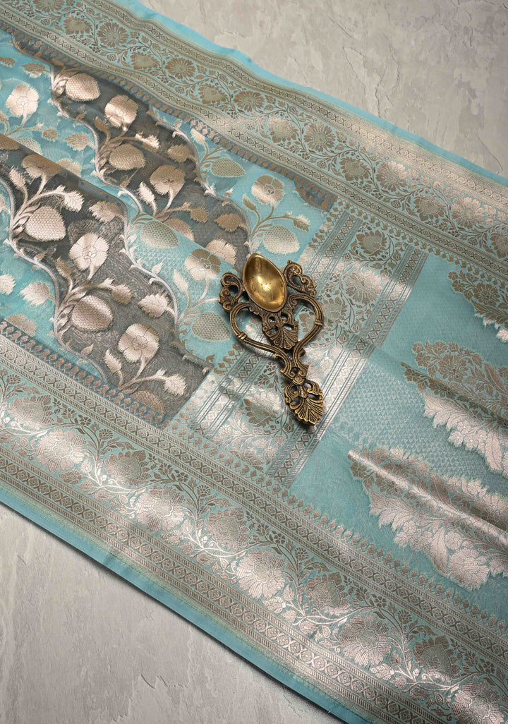Cyan-Gray Leheria Pattern on Banarasi Semi Kora Saree with Floral Jaal and Zari Border