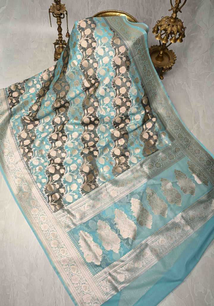 Cyan-Gray Leheria Pattern on Banarasi Semi Kora Saree with Floral Jaal and Zari Border