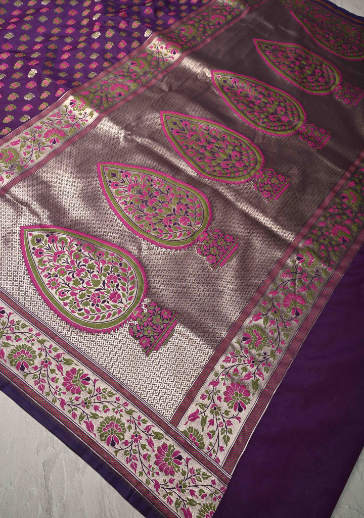 Jamuni Purple Semi Silk Saree with Meenakari Brocade and Zari Border