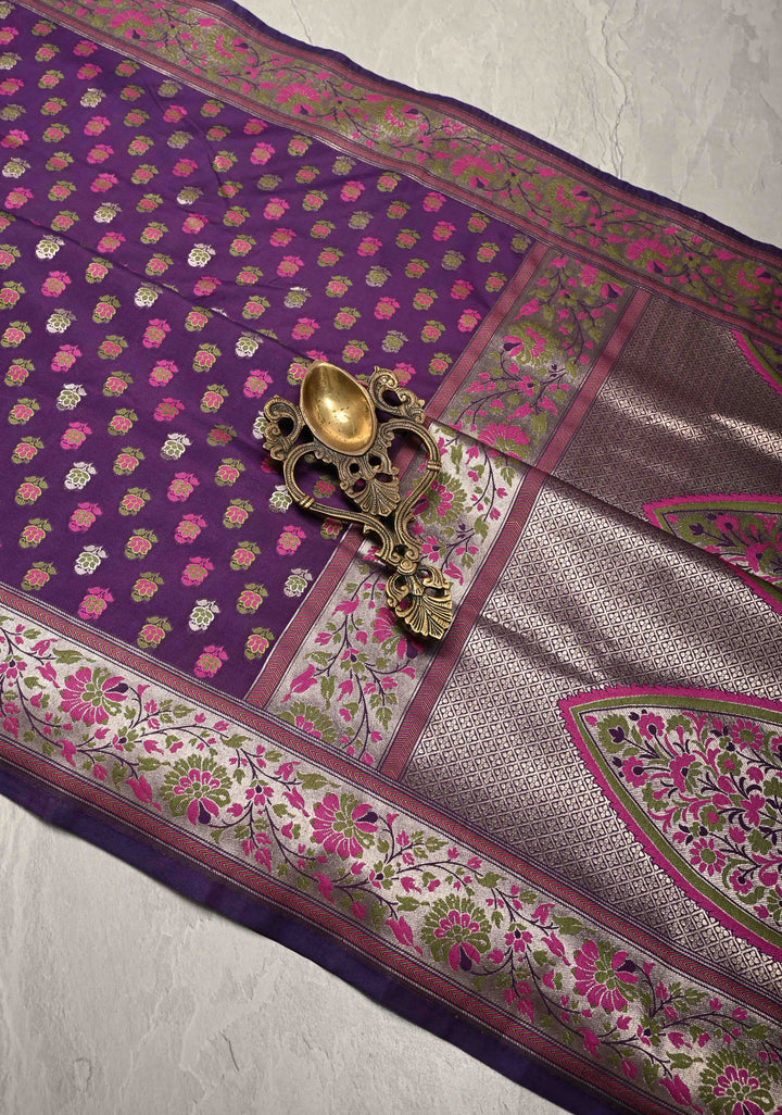 Jamuni Purple Semi Silk Saree with Meenakari Brocade and Zari Border