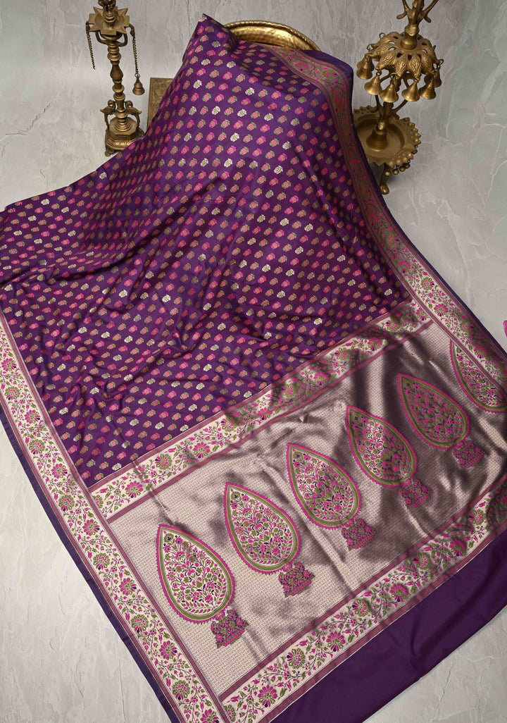 Jamuni Purple Semi Silk Saree with Meenakari Brocade and Zari Border