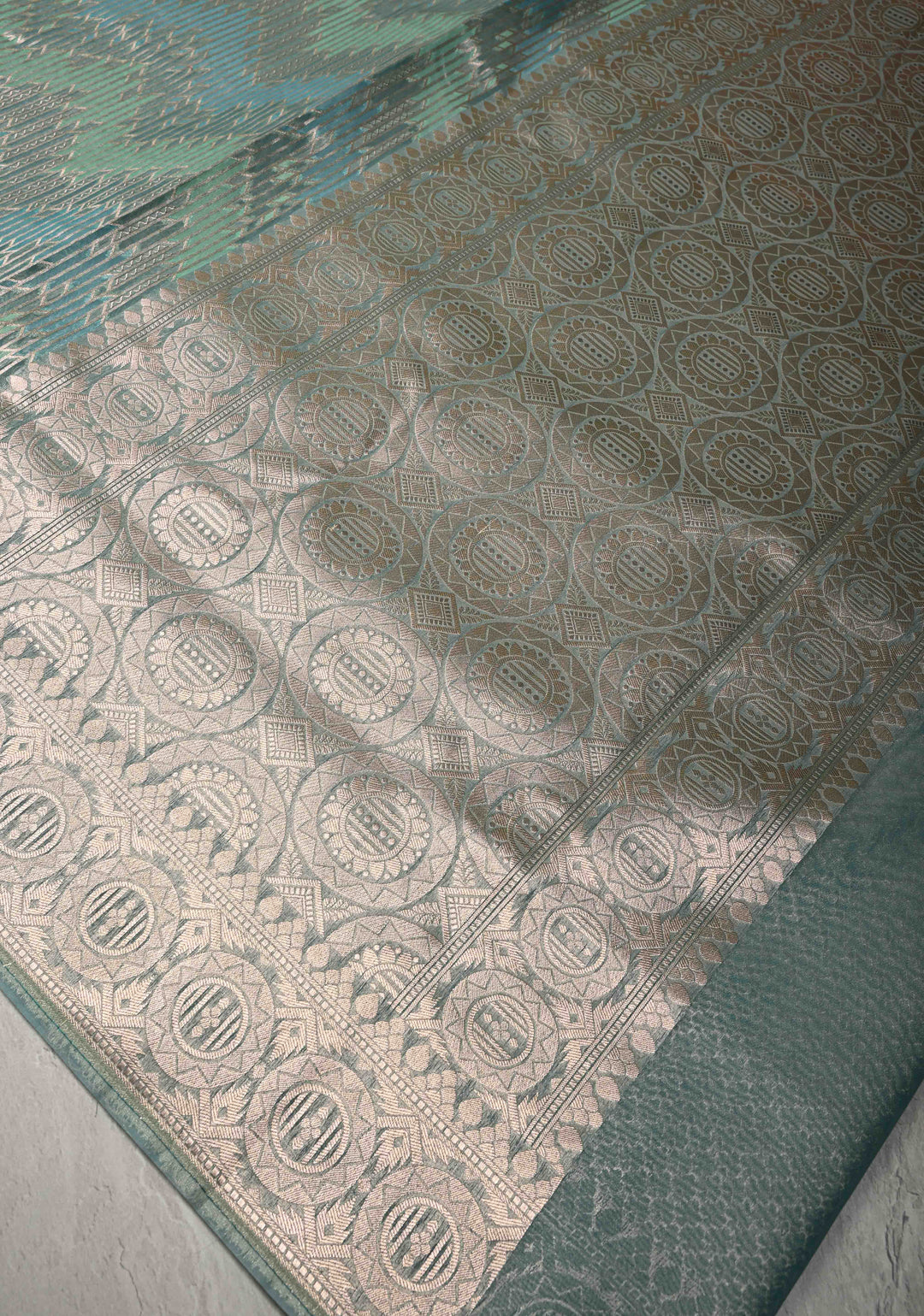 Pastel Hued Rangkaat Style on Banarasi Semi Kora Saree with Chevron Pattern and Zari Border