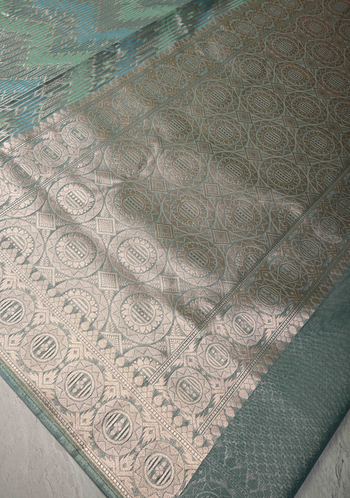 Pastel Hued Rangkaat Style on Banarasi Semi Kora Saree with Chevron Pattern and Zari Border