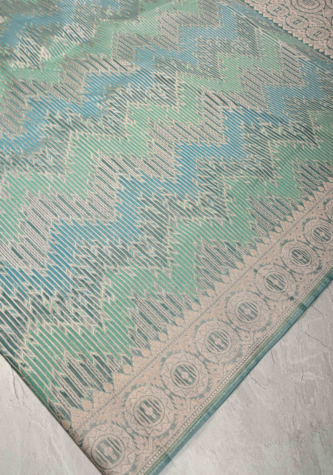 Pastel Hued Rangkaat Style on Banarasi Semi Kora Saree with Chevron Pattern and Zari Border