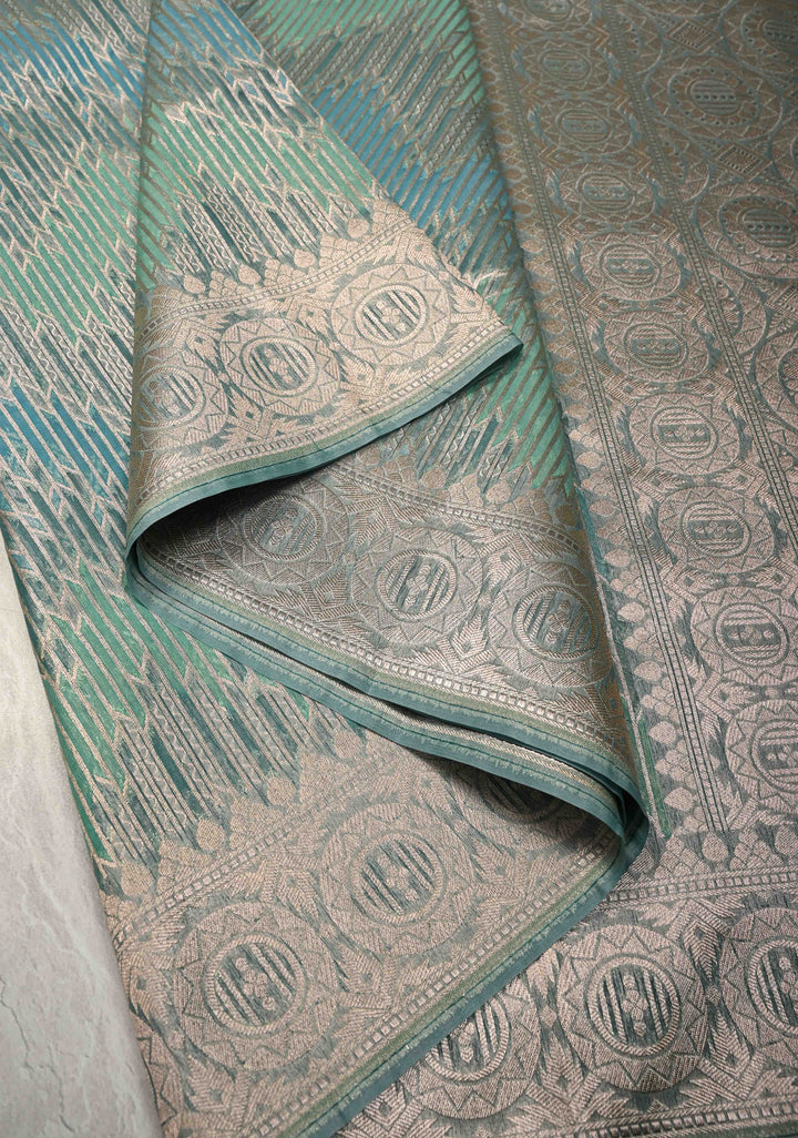 Pastel Hued Rangkaat Style on Banarasi Semi Kora Saree with Chevron Pattern and Zari Border