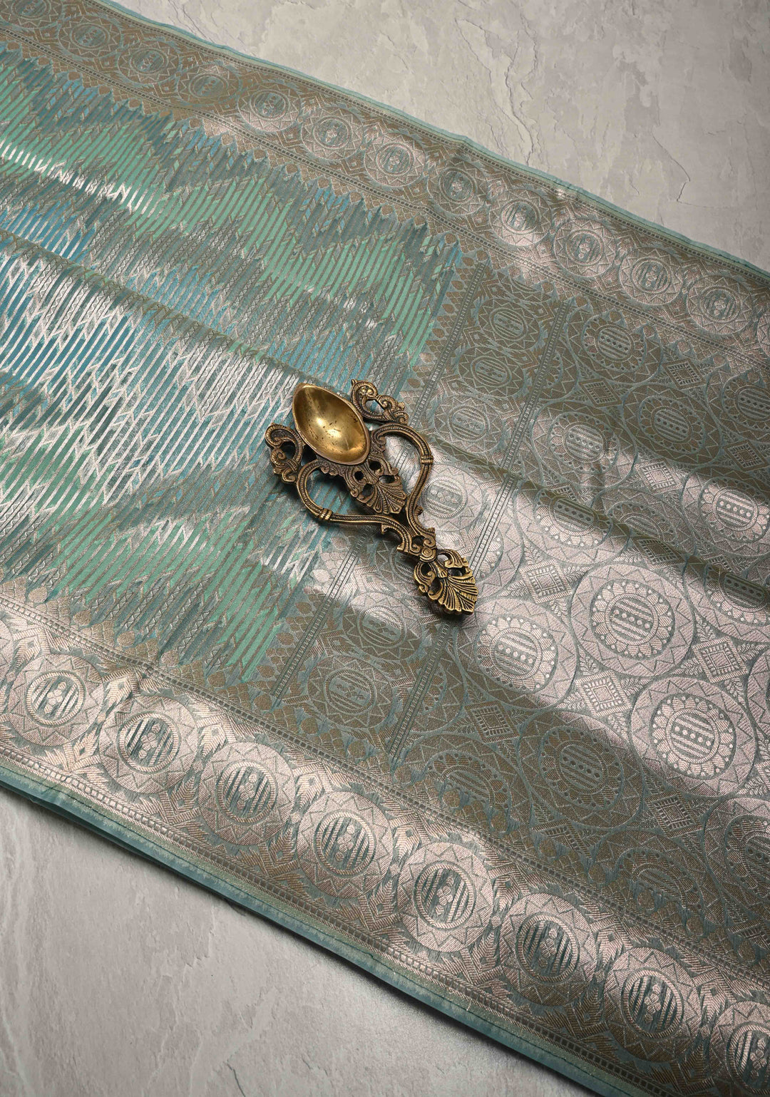 Pastel Hued Rangkaat Style on Banarasi Semi Kora Saree with Chevron Pattern and Zari Border