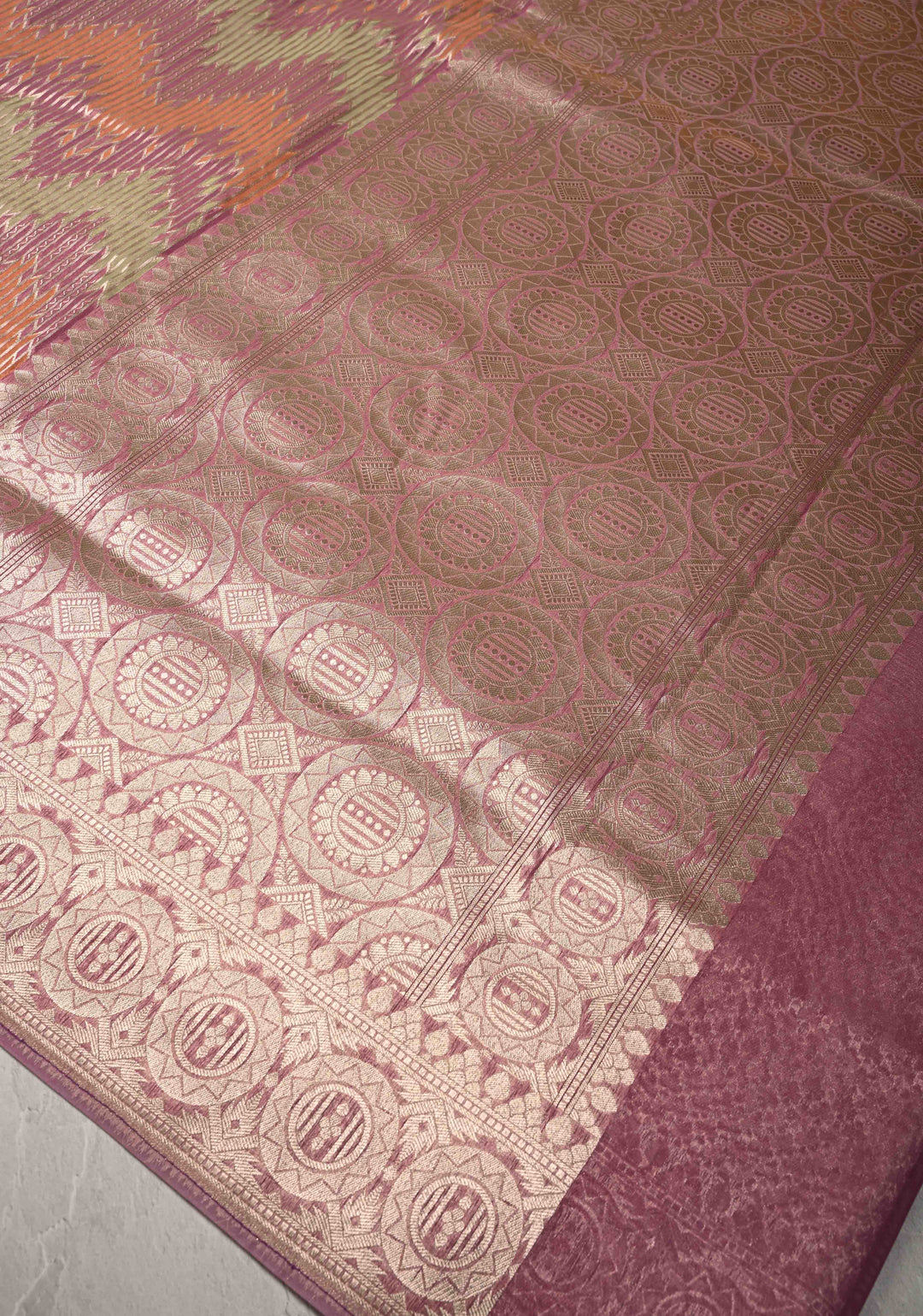 Pastel Hued Rangkaat Style on Banarasi Semi Kora Saree with Chevron Pattern and Zari Border