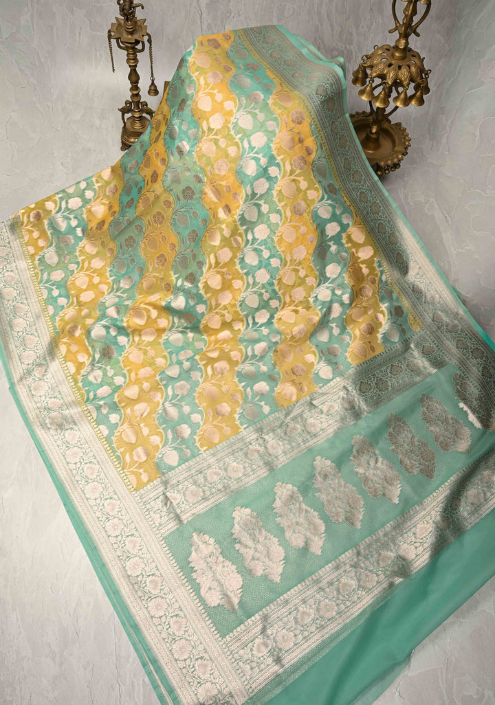 Sage Green-Yellow Leheria Pattern on Banarasi Semi Kora Saree with Floral Jaal and Zari Border