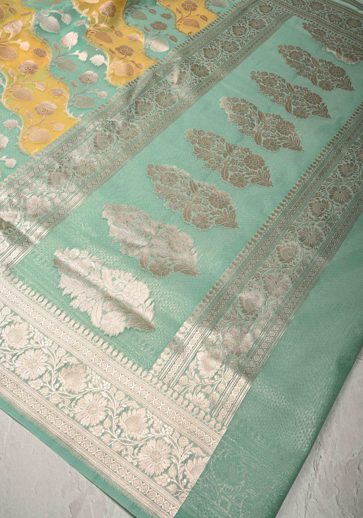 Sage Green-Yellow Leheria Pattern on Banarasi Semi Kora Saree with Floral Jaal and Zari Border