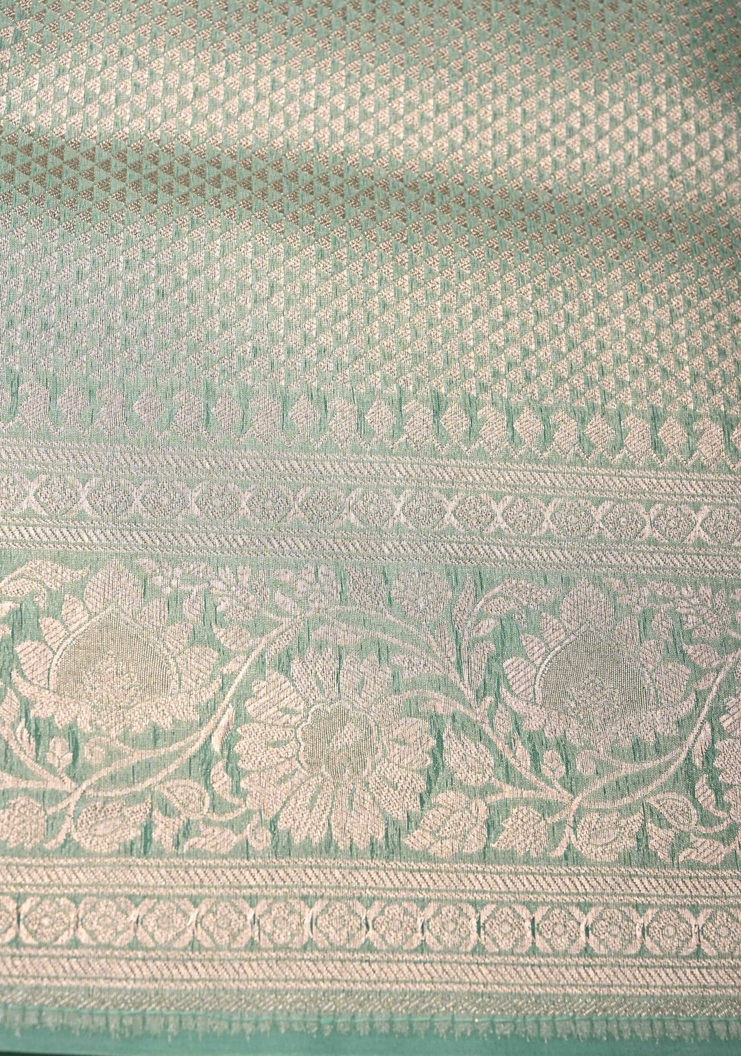 Sage Green-Yellow Leheria Pattern on Banarasi Semi Kora Saree with Floral Jaal and Zari Border