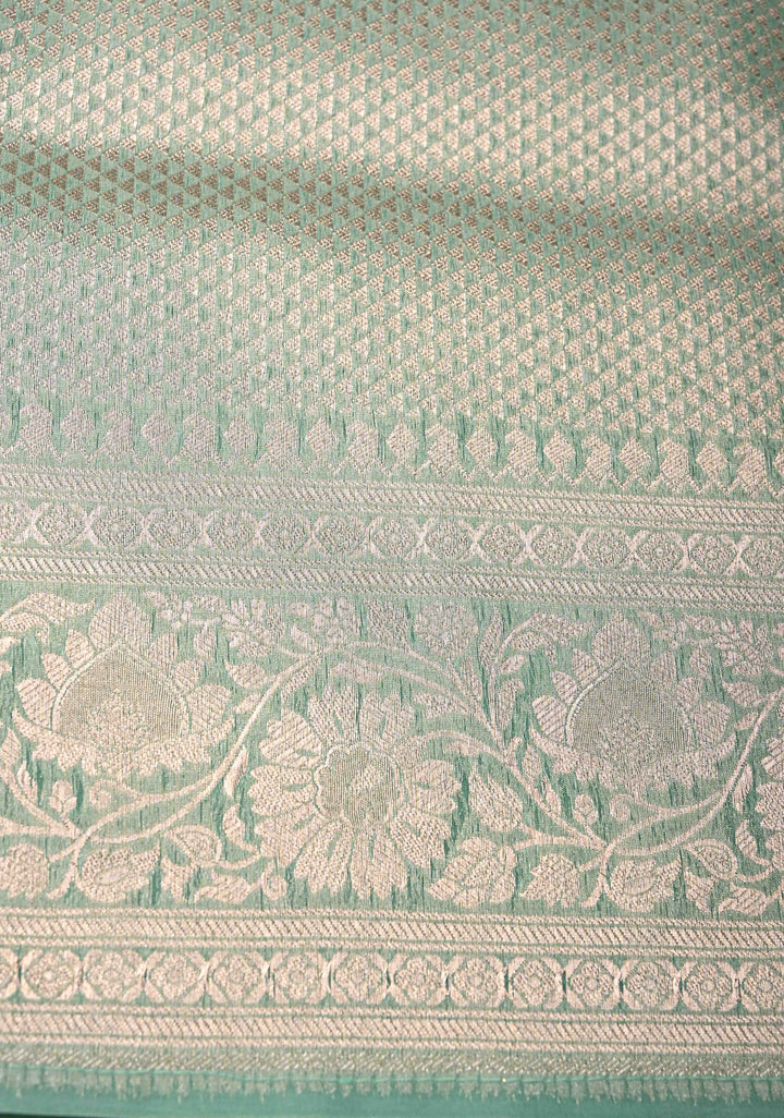 Sage Green-Yellow Leheria Pattern on Banarasi Semi Kora Saree with Floral Jaal and Zari Border