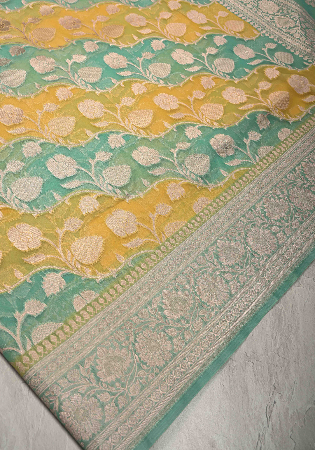 Sage Green-Yellow Leheria Pattern on Banarasi Semi Kora Saree with Floral Jaal and Zari Border