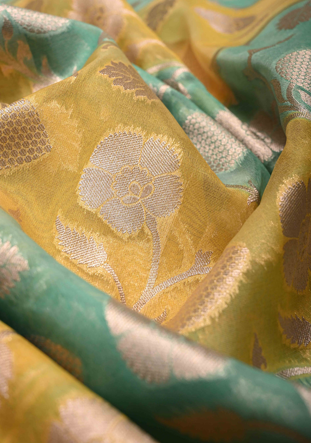 Sage Green-Yellow Leheria Pattern on Banarasi Semi Kora Saree with Floral Jaal and Zari Border