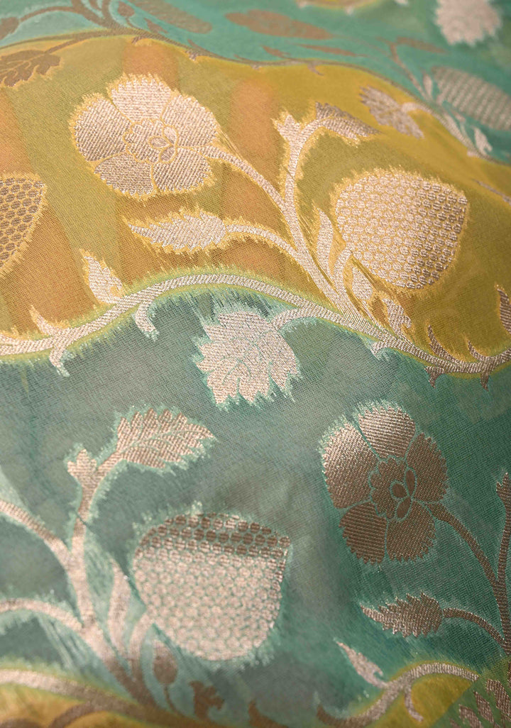 Sage Green-Yellow Leheria Pattern on Banarasi Semi Kora Saree with Floral Jaal and Zari Border
