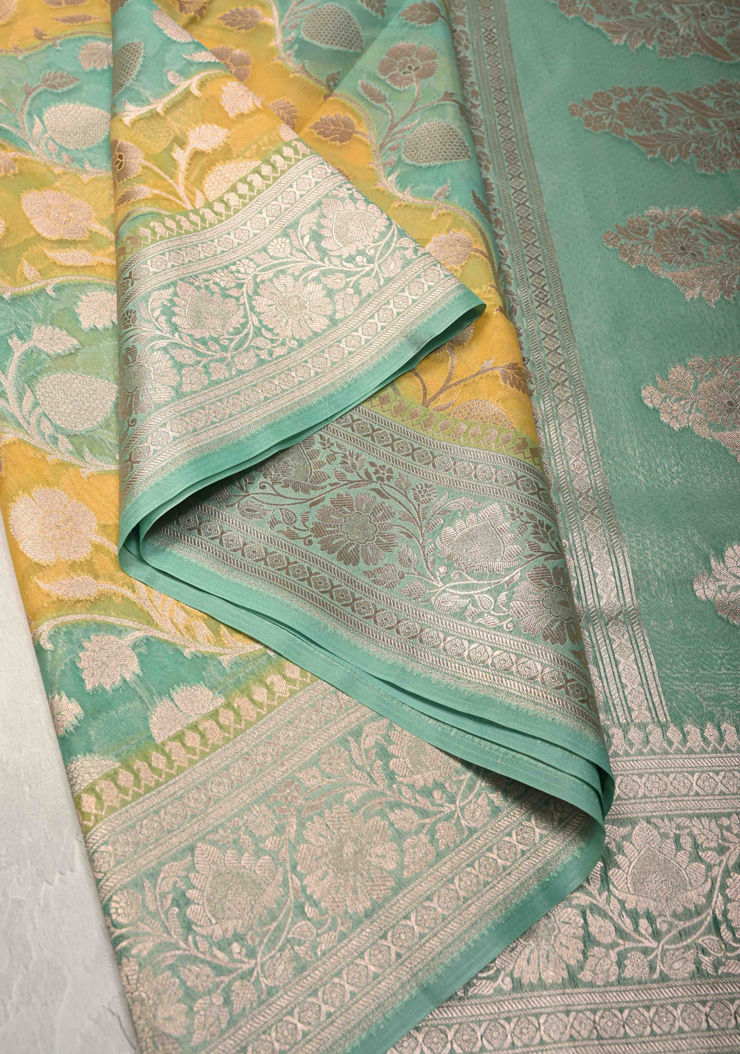 Sage Green-Yellow Leheria Pattern on Banarasi Semi Kora Saree with Floral Jaal and Zari Border
