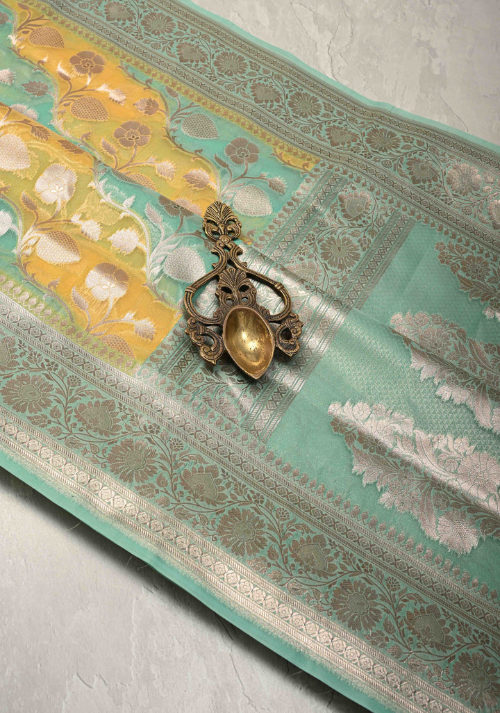 Sage Green-Yellow Leheria Pattern on Banarasi Semi Kora Saree with Floral Jaal and Zari Border
