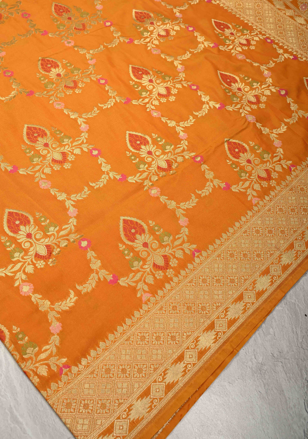 Mustard Semi Silk Saree with Meenakari Trellis Jaal and Zari Border