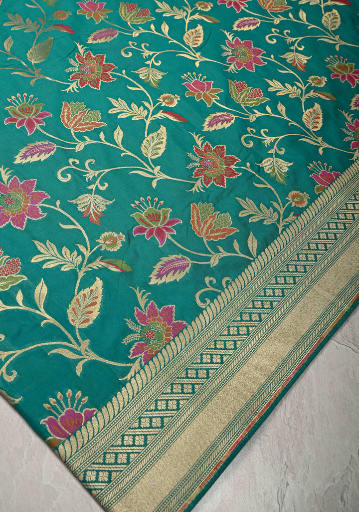 Rama Green Semi Silk Saree with Meenakari Floral Jaal and Zari Border