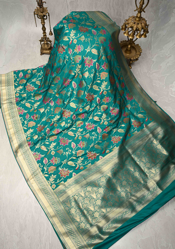 Rama Green Semi Silk Saree with Meenakari Floral Jaal and Zari Border