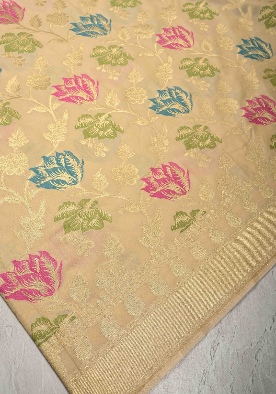 Beige Semi Silk Saree with Meenakari Floral Jaal and Zari Border
