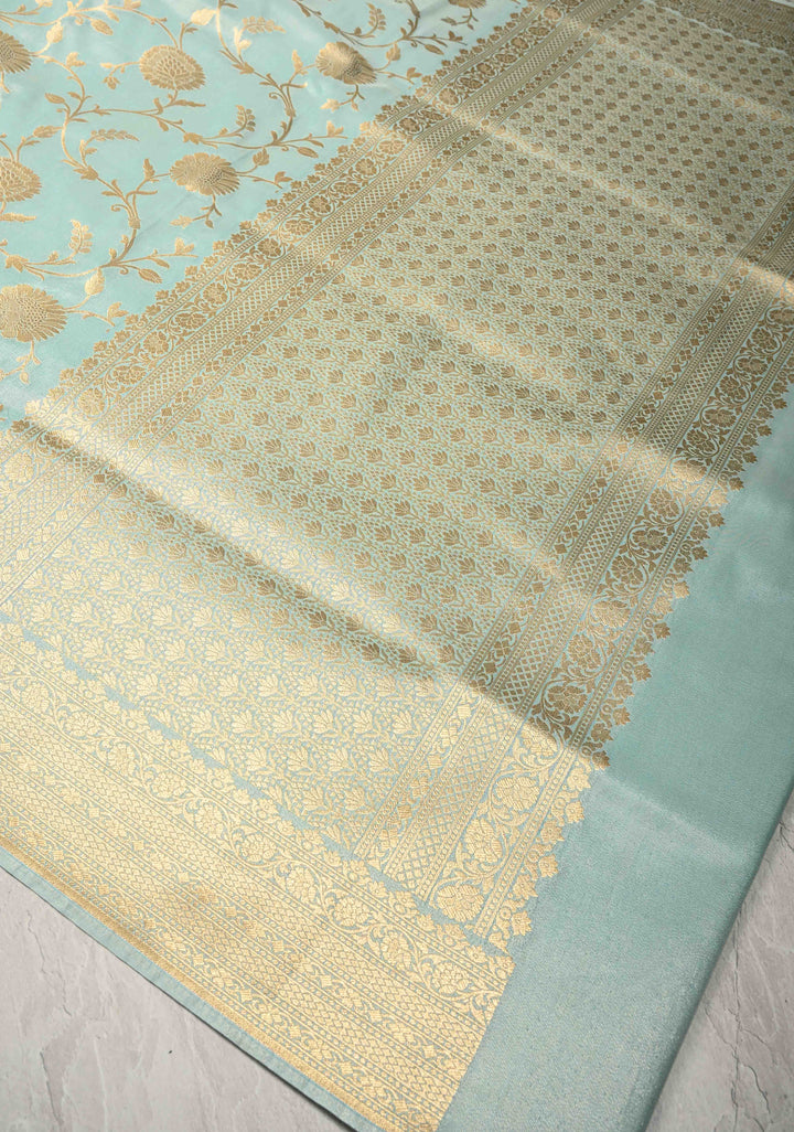 Sage Green Semi Silk Saree with Floral Jaal and Zari Border