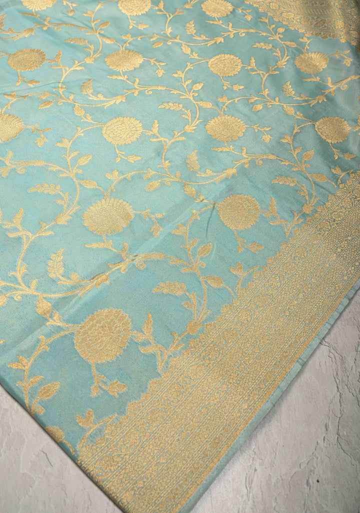 Sage Green Semi Silk Saree with Floral Jaal and Zari Border