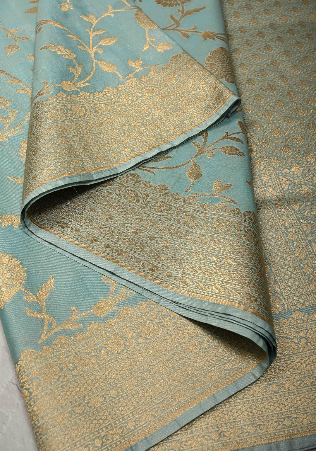 Sage Green Semi Silk Saree with Floral Jaal and Zari Border