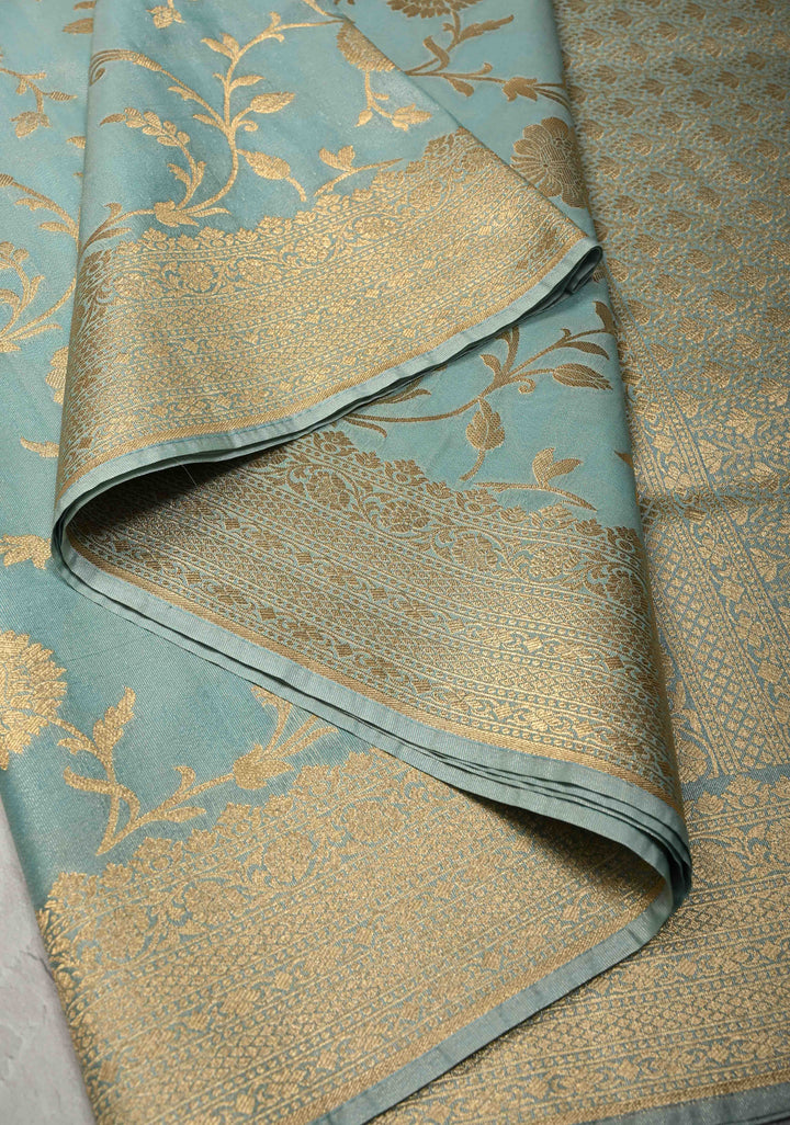 Sage Green Semi Silk Saree with Floral Jaal and Zari Border