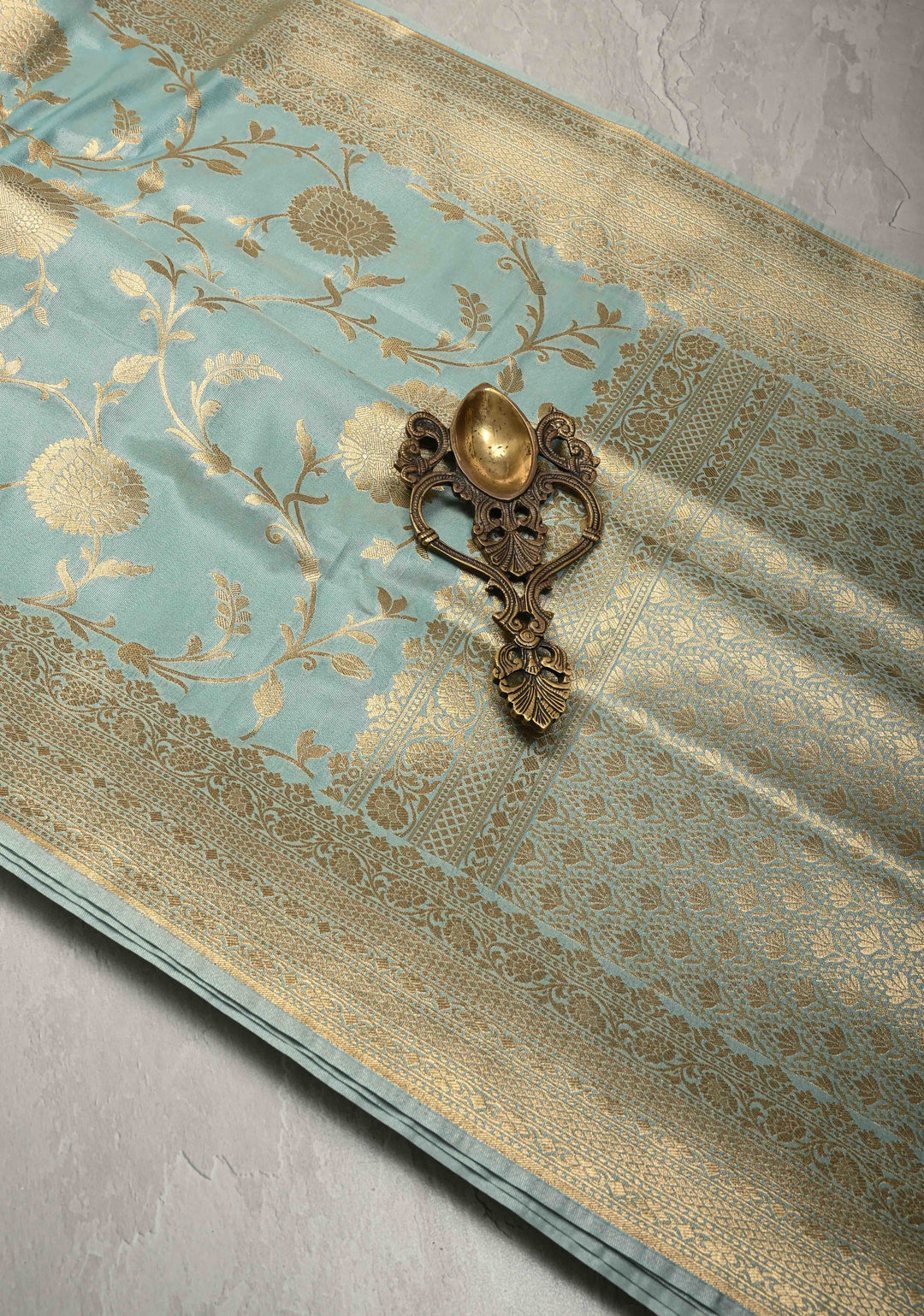 Sage Green Semi Silk Saree with Floral Jaal and Zari Border