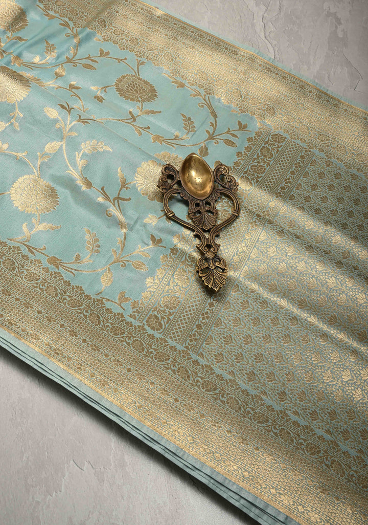 Sage Green Semi Silk Saree with Floral Jaal and Zari Border