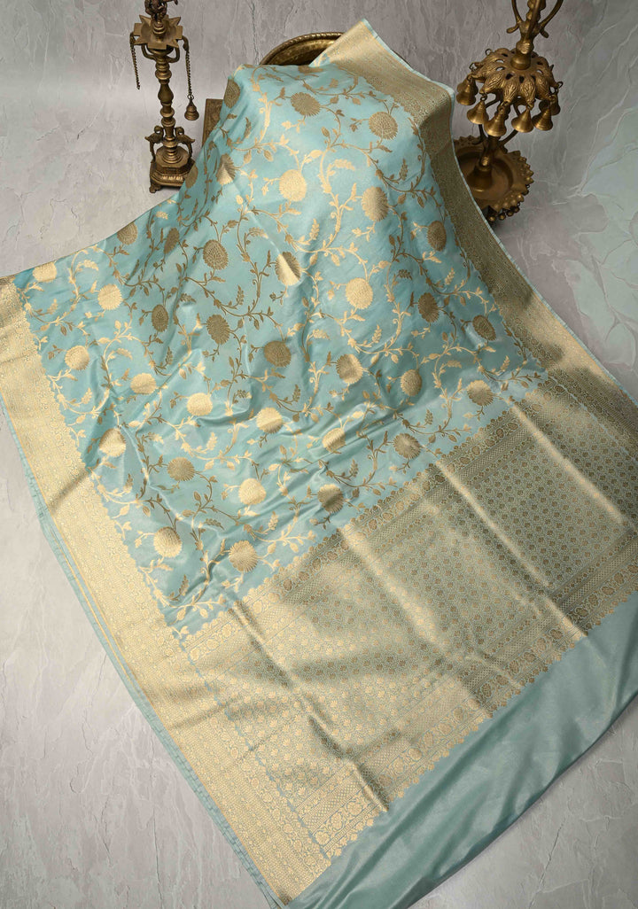 Sage Green Semi Silk Saree with Floral Jaal and Zari Border