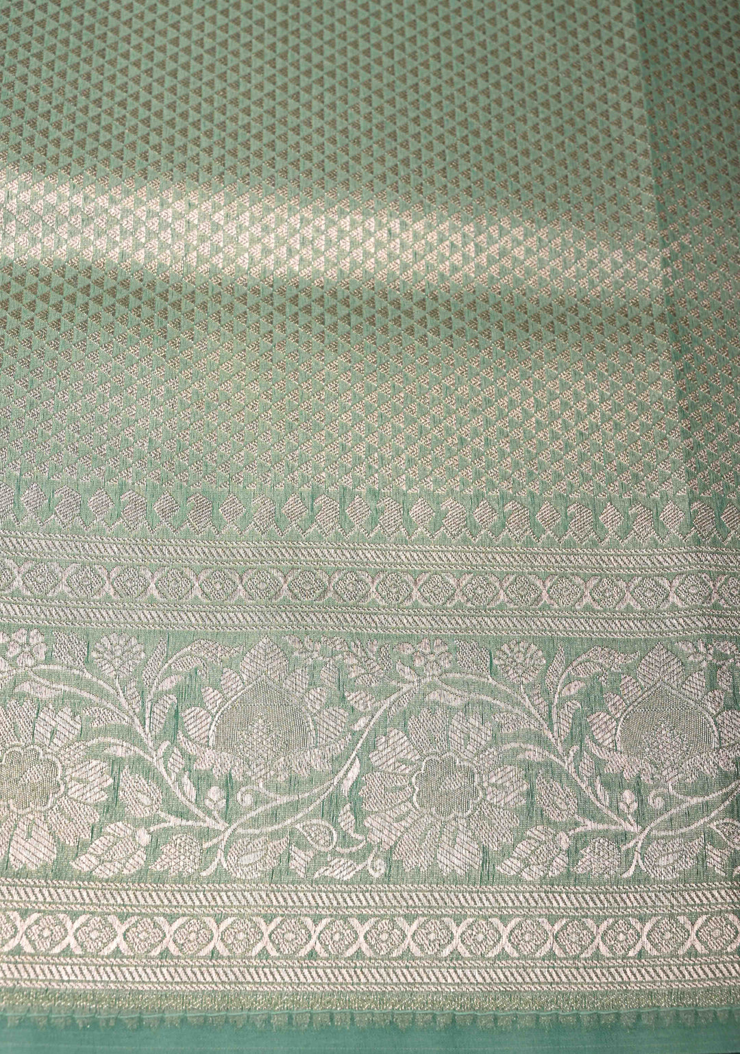 Mint Green-Yellow Leheria Pattern on Banarasi Semi Kora Saree with Floral Jaal and Zari Border
