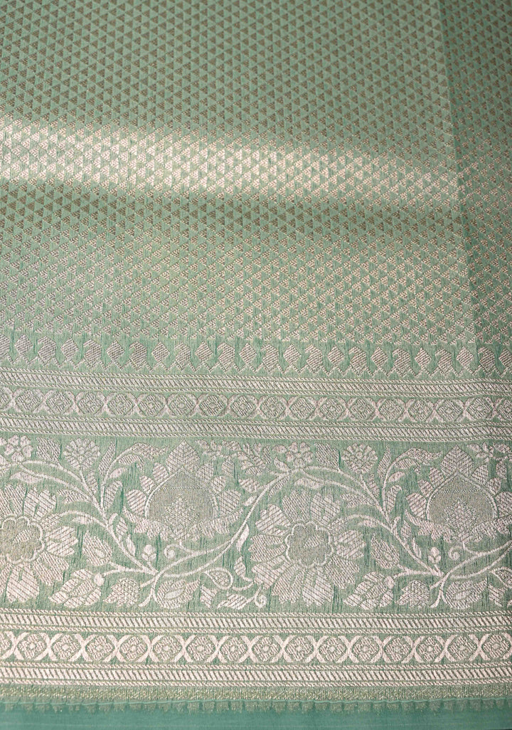 Mint Green-Yellow Leheria Pattern on Banarasi Semi Kora Saree with Floral Jaal and Zari Border