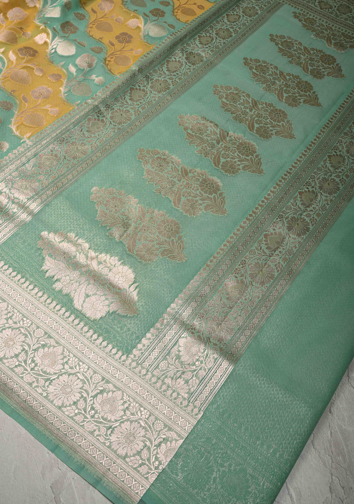 Mint Green-Yellow Leheria Pattern on Banarasi Semi Kora Saree with Floral Jaal and Zari Border