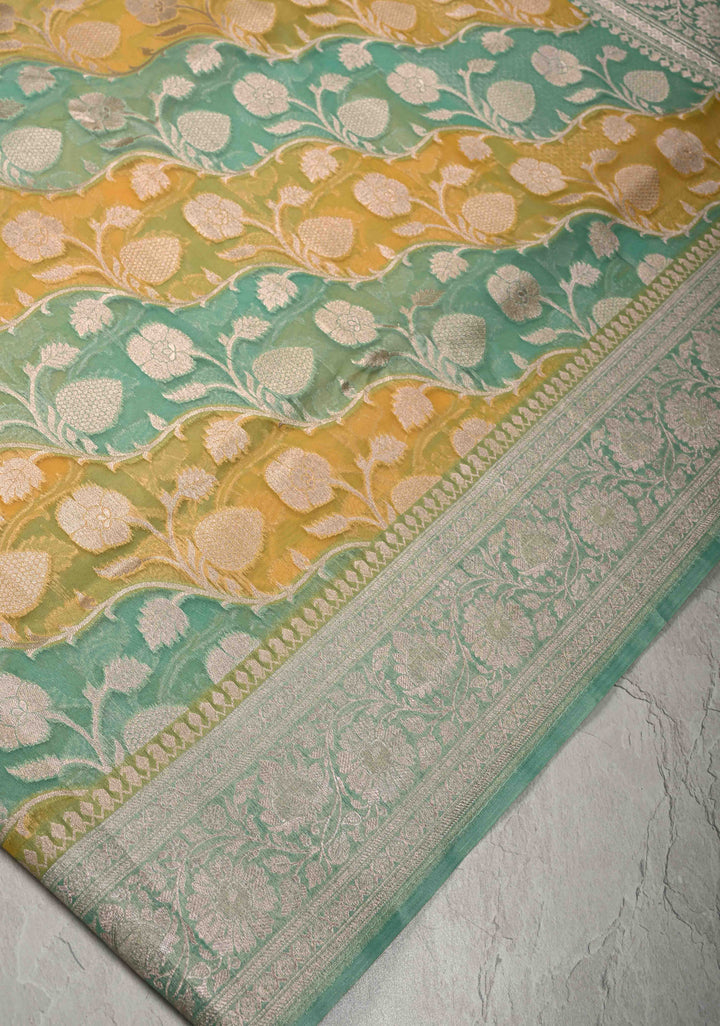 Mint Green-Yellow Leheria Pattern on Banarasi Semi Kora Saree with Floral Jaal and Zari Border