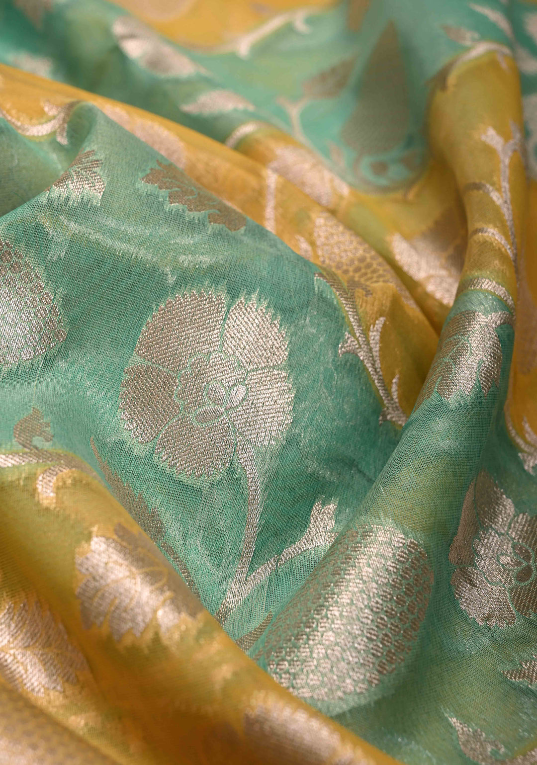 Mint Green-Yellow Leheria Pattern on Banarasi Semi Kora Saree with Floral Jaal and Zari Border