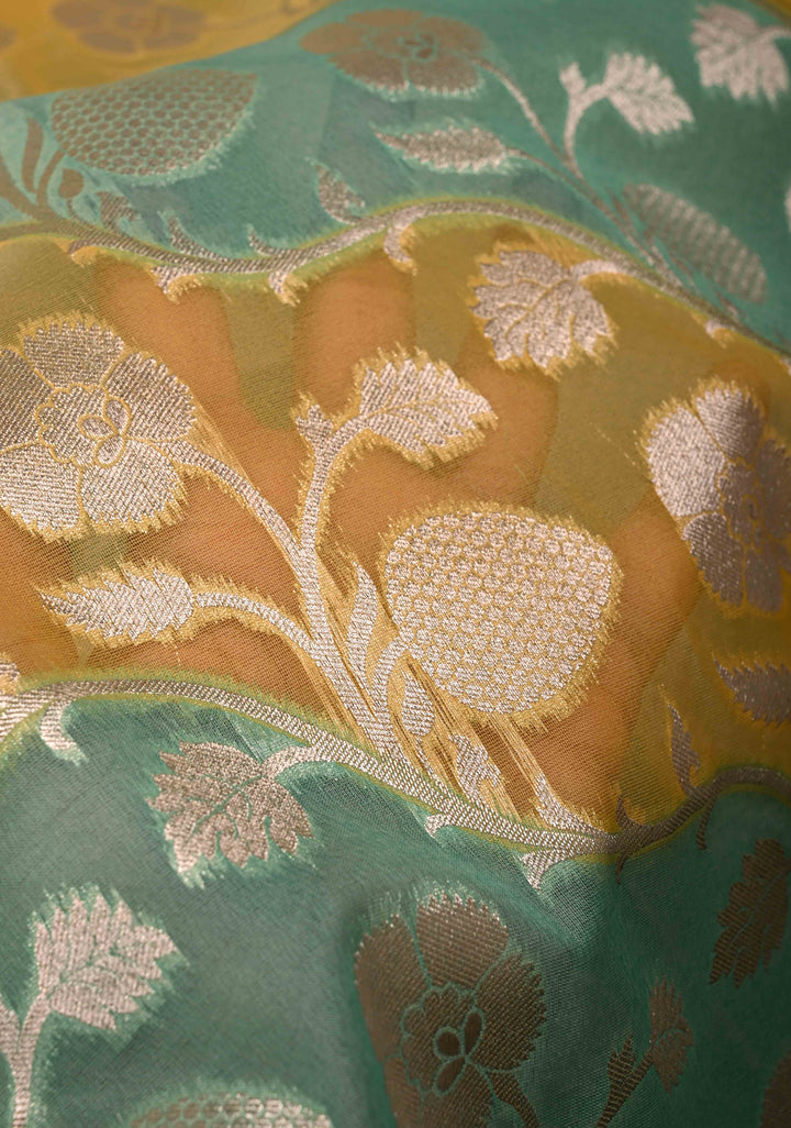 Mint Green-Yellow Leheria Pattern on Banarasi Semi Kora Saree with Floral Jaal and Zari Border