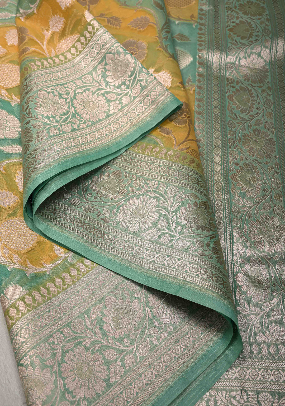 Mint Green-Yellow Leheria Pattern on Banarasi Semi Kora Saree with Floral Jaal and Zari Border